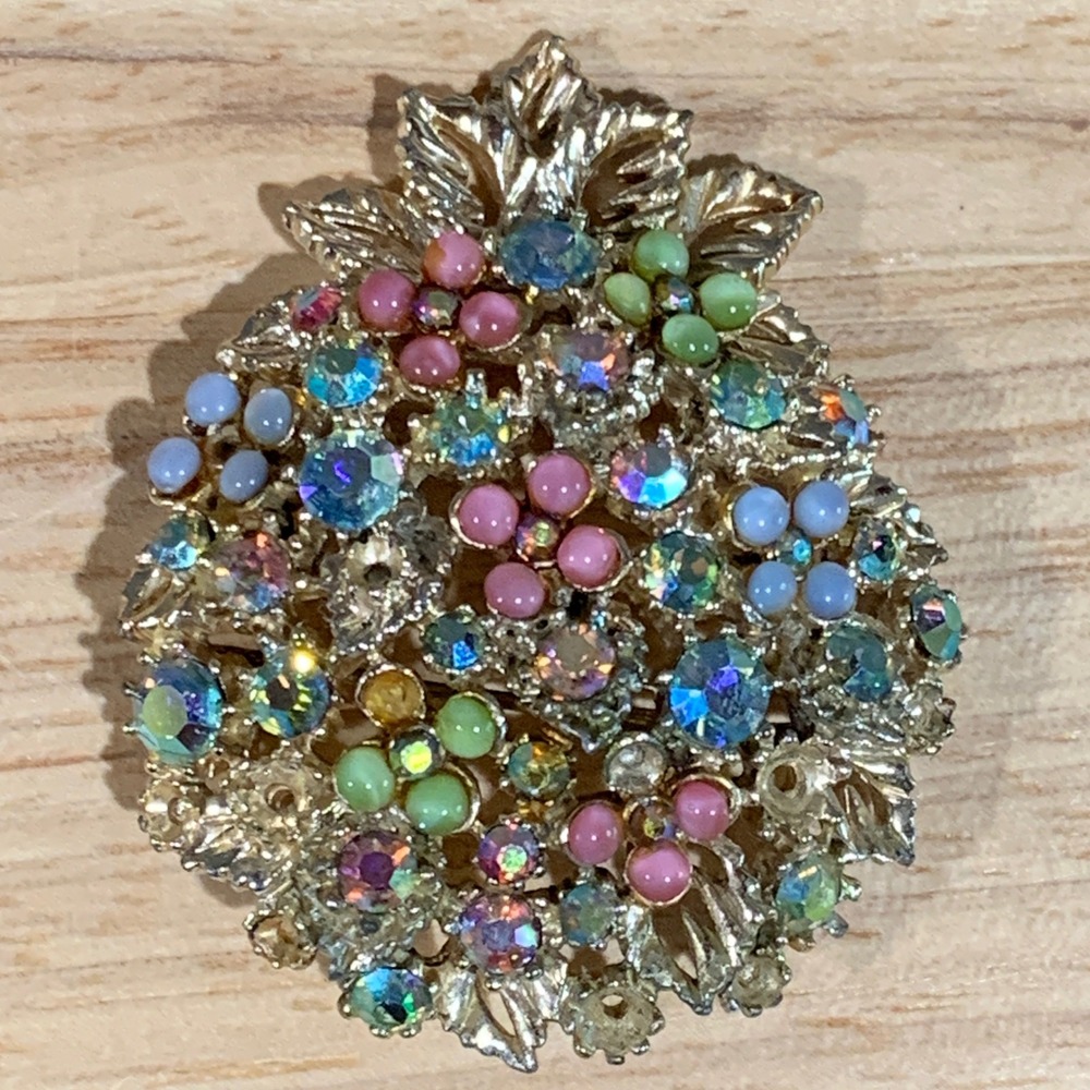Arthur Pepper Vintage Gold Tone Aurora Borealis Rhinestone Pastel Floral Brooch